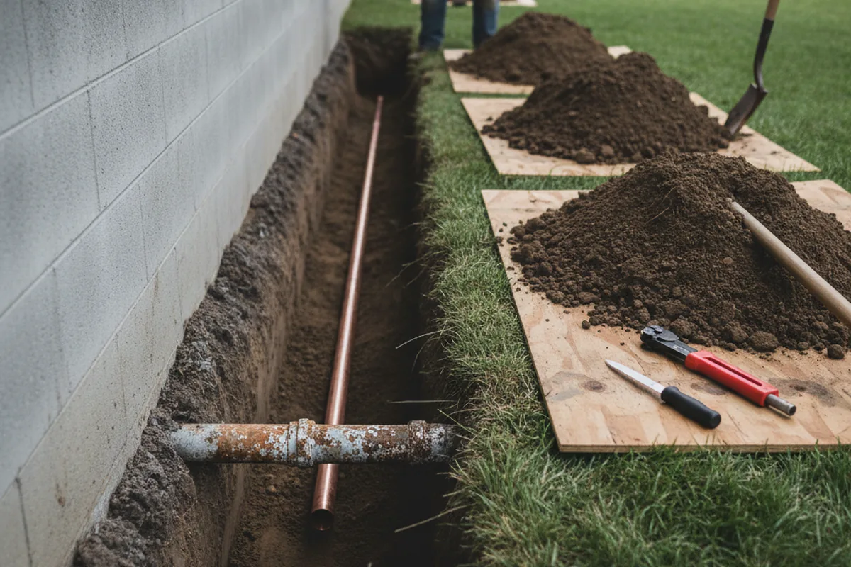 Excavated water line trench during Water Heater Repair in West Sacramento